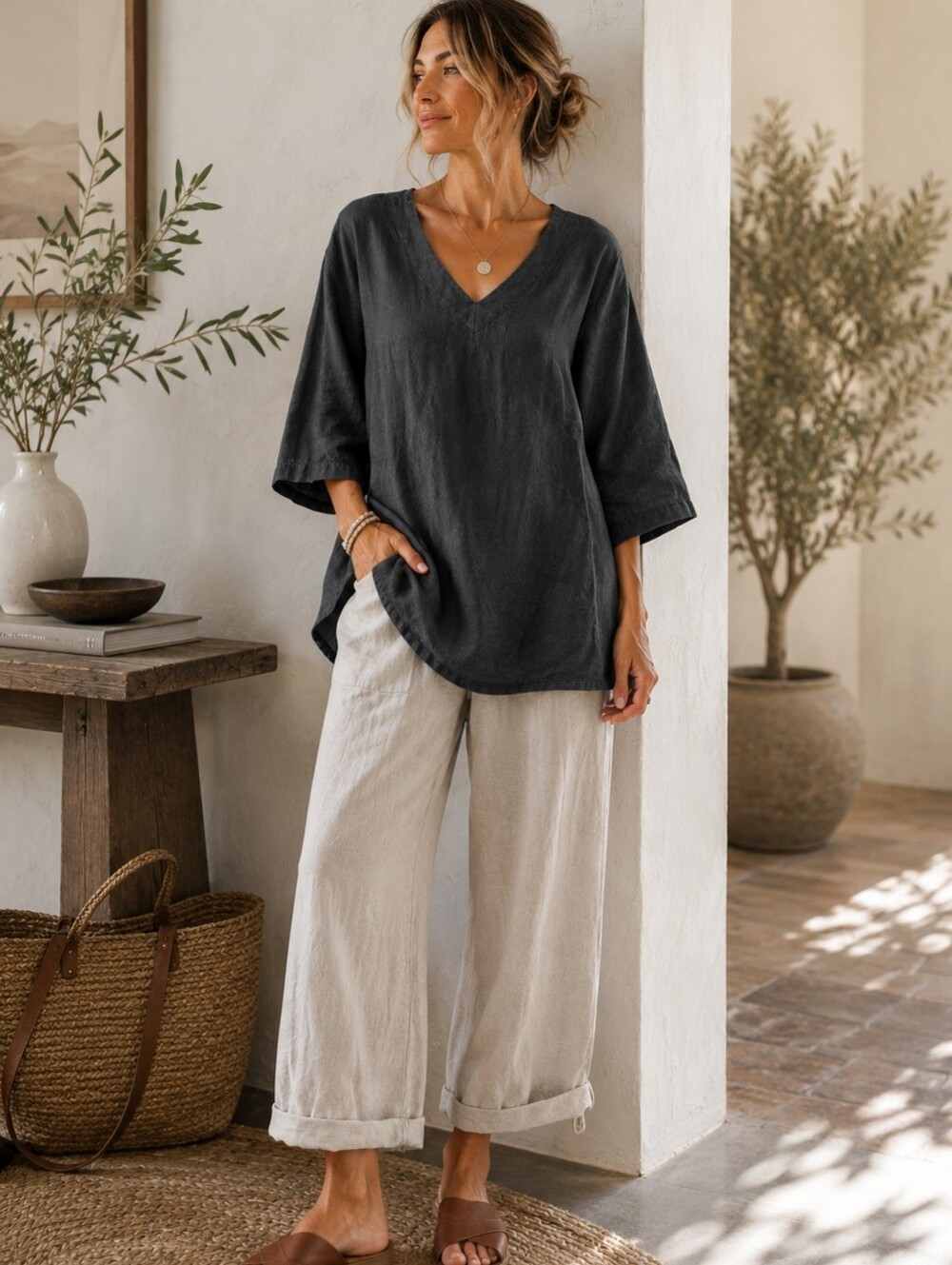 Click Brand 100% Linen Charcoal Gray V-Neck Tunic Top Women’s Medium Relaxed